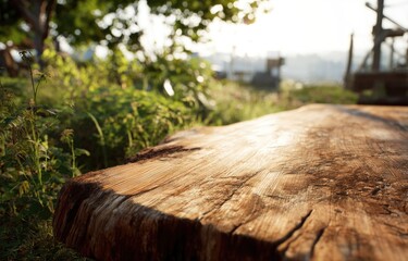 Fototapeta premium Sunlight illuminates a rustic wooden surface in a soft-focus natural setting