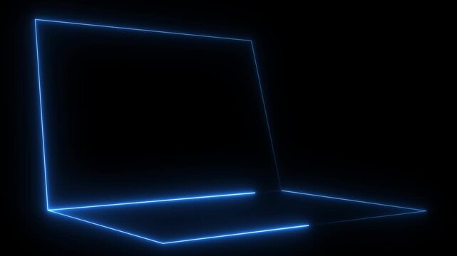 Neon blue color laptop icon on black background, digital and futuristic technology concept laptop screen digital effects laptop computer neon lights effect
