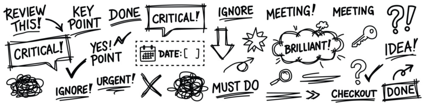 Handwritten notes and doodles on white background with critical points and meeting reminders