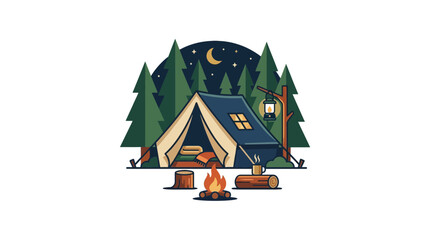 Cozy Campsite Scene: Tent, Campfire, Forest at Night, Moon and Stars © Corndog