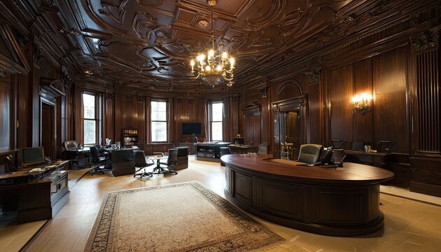 Ornate, richly detailed wood-paneled room with desks, chairs, and a chandelier