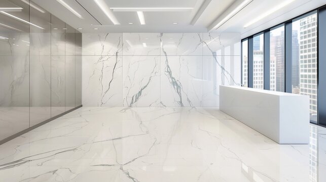 Modern, minimalist office interior with marble walls and flooring, bright and empty