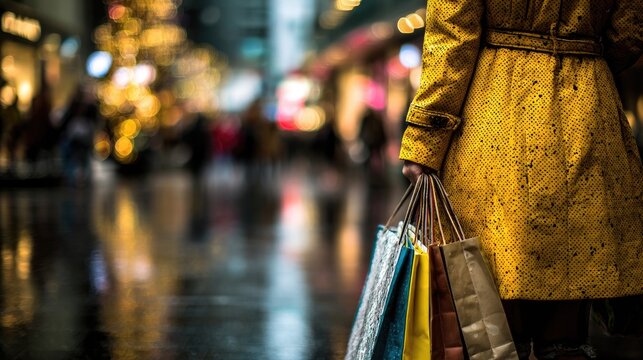 Person in yellow coat holding shopping bags on a wet, festive street
