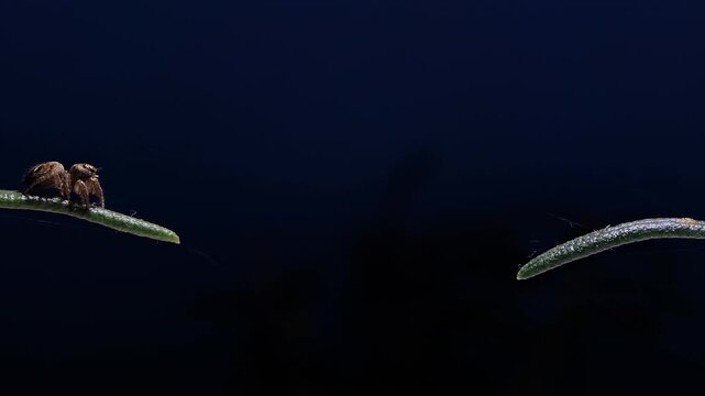 Jumping spider Salticidae leaping between two leaves