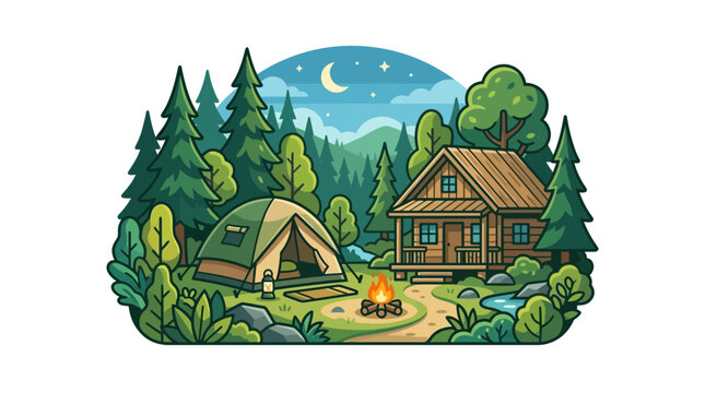 Cozy Cabin and Tent in Forest Camp Scene with Campfire and Moonlit Night Sky