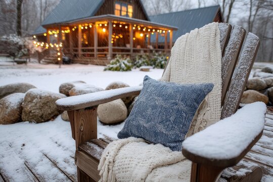Cozy wooden chair with warm blankets and pillow in snowy outdoor setting