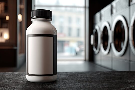 Clean white bottle with black label on dark surface near washing machines