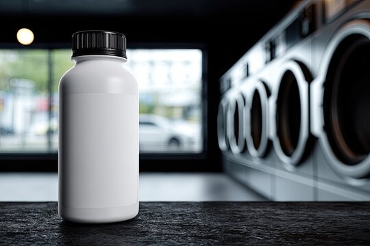 White bottle with black cap stands on dark surface, washing machines in background