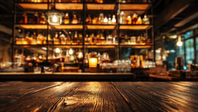 Rustic wooden bar counter in dimly lit establishment with shelves of bottles