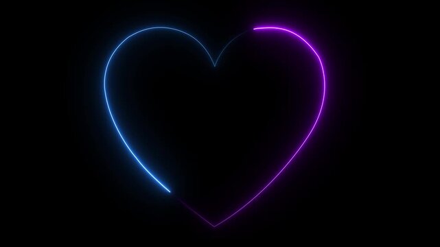 Neon heart shape with red and blue glowing lines on dark background for valentines day or love themed projects