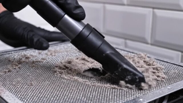 Cleaning a metal range hood filter with a vacuum cleaner attachment