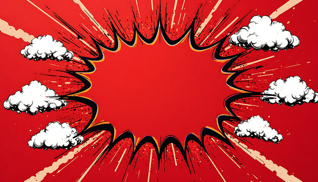 Comic book-style explosion with white clouds, red background, black outline