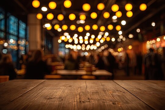 Warmly lit interior of a busy establishment with a wooden table in foreground
