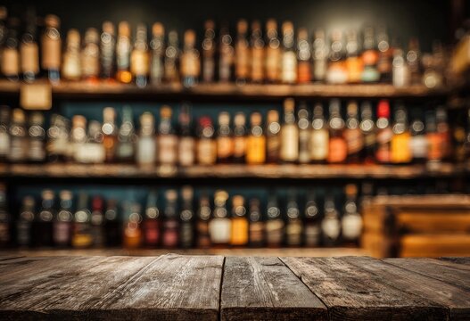 Empty wooden counter in front of blurred shelves of bottles