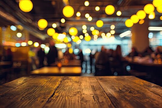 Rustic wooden table in a warmly lit, softly blurred restaurant interior