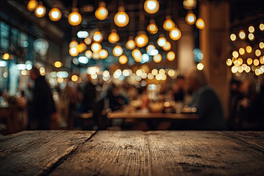 Rustic wooden table in a dimly lit, bustling restaurant interior with warm light