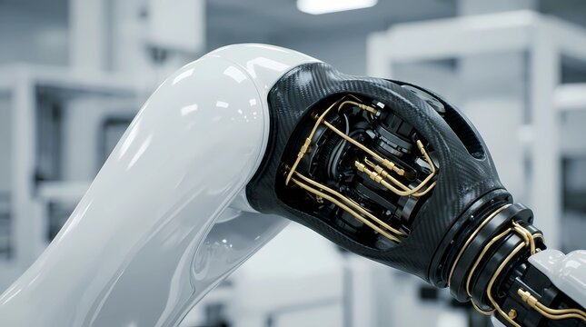 Close up of a white robotic mechanical arm segment with internal golden wire tubing and carbon fiber textures