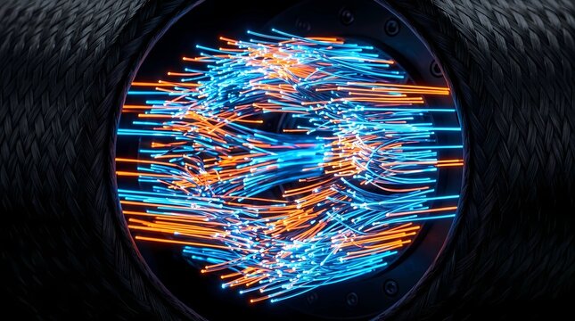 Fiber optic threads transmitting high speed data with glowing blue and orange light inside a circular cable