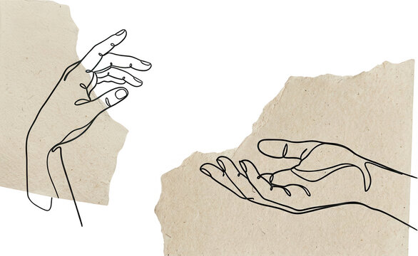 Two line art hands one reaching out and the other open against torn paper textures suggesting connection and offering outline drawing gesture open hand support help generosity
