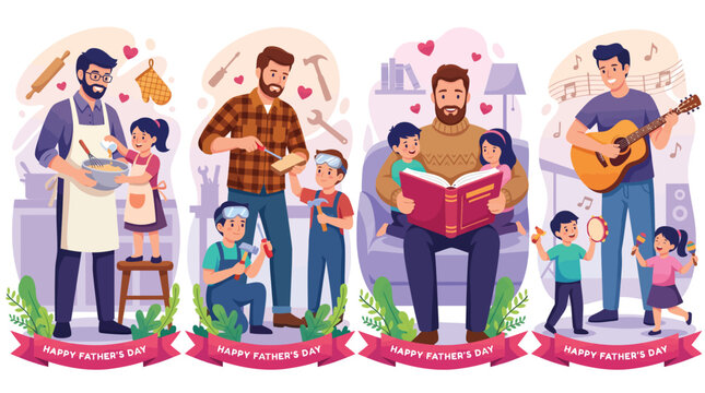Happy Father's Day vector illustration set, superhero dad with children and red cape, flat family greeting card collection with hearts and ribbons