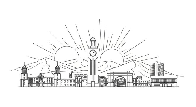 Clock tower in city landscape drawing.