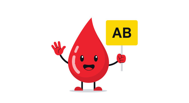 Cute red blood drop character with a smiling face waving and holding a yellow sign with the ab blood group designation for donation.