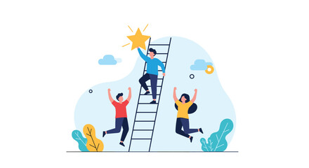 Naklejka premium Motivated business team supports colleague climbing a ladder to reach golden star representing career success and goals.