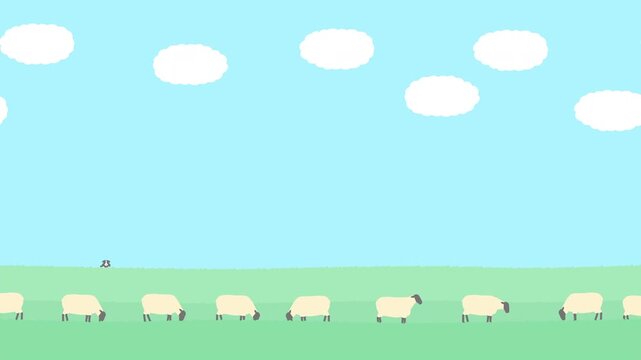 草を食むサフォークの羊の群れ。晴れた空と雲のイラスト動画。