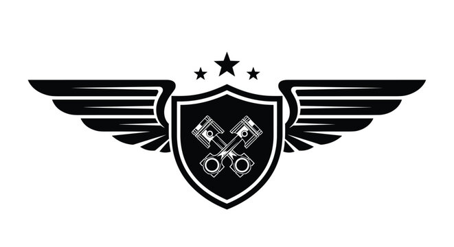 Shield with wings and crossed engine pistons is presented as a professional black and white mechanical workshop logo design.