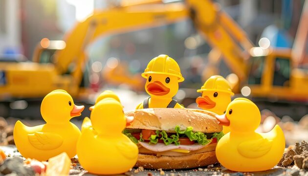 Adorable rubber ducks in construction hats and tool belts working together around a large sandwich