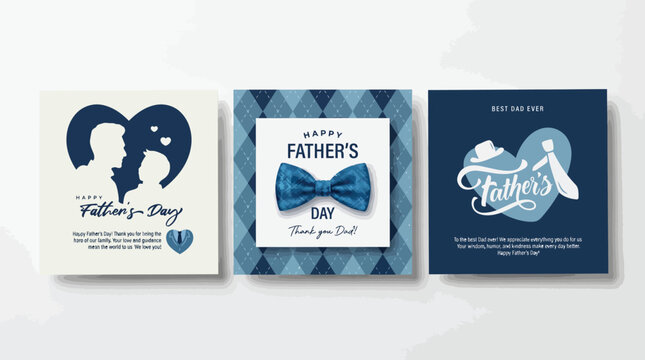 Happy Father's Day greeting card collection, blue social media post templates with father and son silhouettes, elegant bow tie and necktie vector set