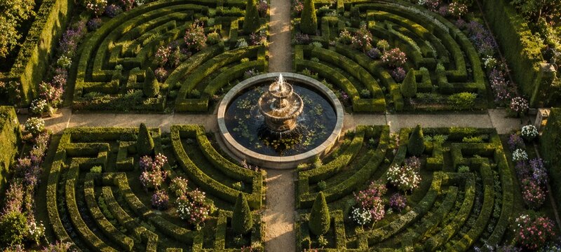 old english garden with a labirynt and a fountain