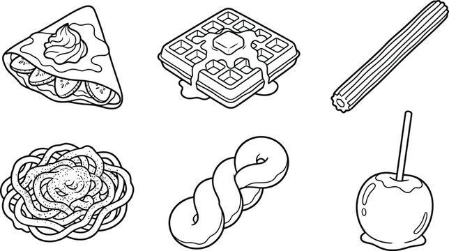 Popular sweet desserts and breakfast items like waffles crepes churros and caramel apples presented as hand-drawn black and white line art icons perfect for cafe menus food blogs or app interfaces