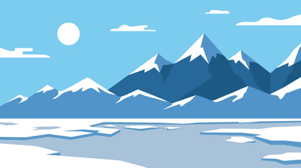 Snow Mountain Winter Landscape. Flat Vector Arctic Nature Illustration with Frozen Lake, Ice Field and Alpine Peaks Background © Elementix