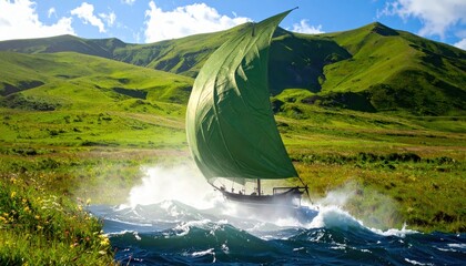 An innovative sailboat with a giant green leaf sail navigates rough ocean waves near lush hillsides