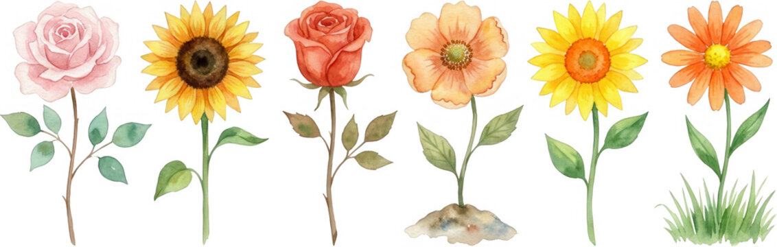 A collection of watercolor illustrations featuring various flowers including roses sunflowers and daisies with green leaves and stems in a charming artistic style floral daisy