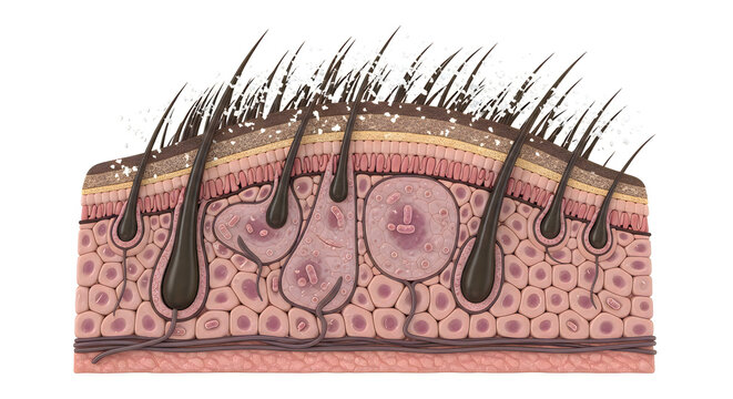 Detailed vector illustration of human skin structure showing hair follicles, sweat glands, and layers of dermis and epidermis