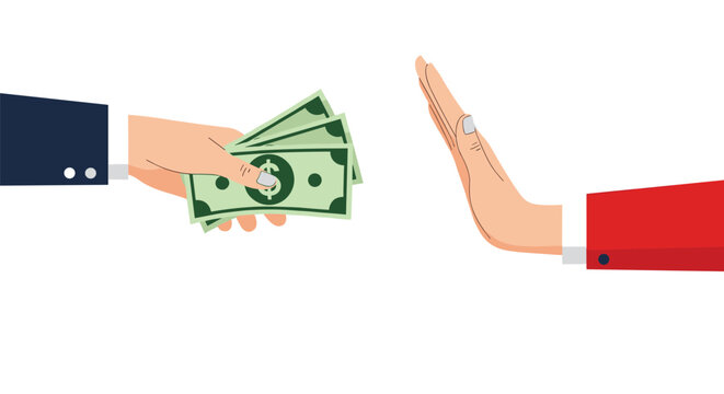 Person in a blue suit offering cash to another person who uses a stop hand gesture to refuse the bribe, representing honesty and ethics.