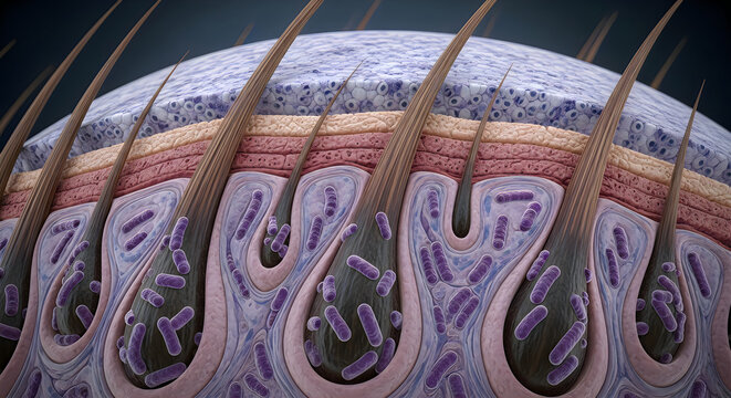 Macro 3d render of human hair follicles in the dermis layer, detailed medical illustration