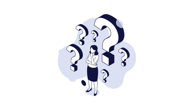 Isometric illustration of a woman standing in thought surrounded by multiple question marks representing confusion, decision making, or inquiry.