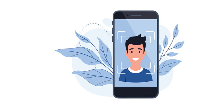 Modern facial recognition technology scanning a young mans face on a mobile smartphone screen with a background of stylized blue leaves.