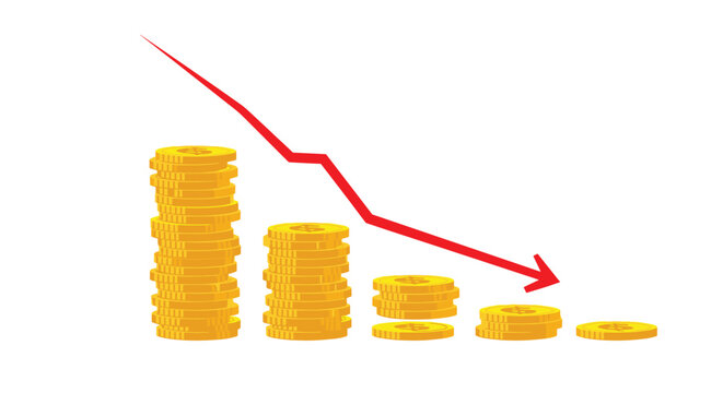 Stacks of golden coins in decreasing order with a sharp red arrow pointing downwards representing a market crash recession or financial loss.