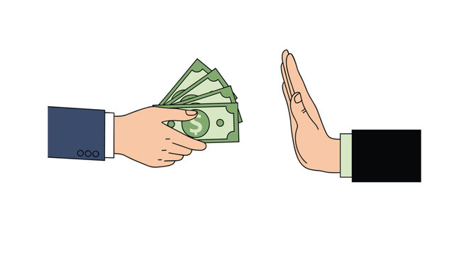 Concept of anti-corruption showing one hand offering a fan of dollar bills while another hand makes a firm stop gesture to refuse the bribe.
