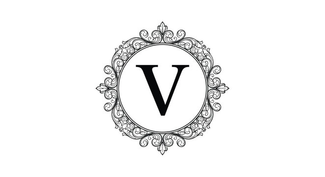Elegant black and white monogram crest featuring the letter V centered within a complex and ornate floral frame design.