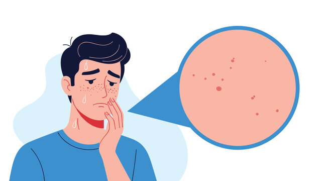 Concerned young man touching his face with a magnifying view window showing red skin rash spots or acne for dermatological health concepts.