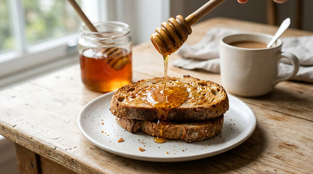 Honey flowing onto toasted bread on a plate with coffee on a rustic wooden table