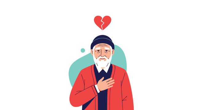 Elderly man with a white beard holds his hand over his heart while a broken heart icon floats above him to signify grief and sadness.