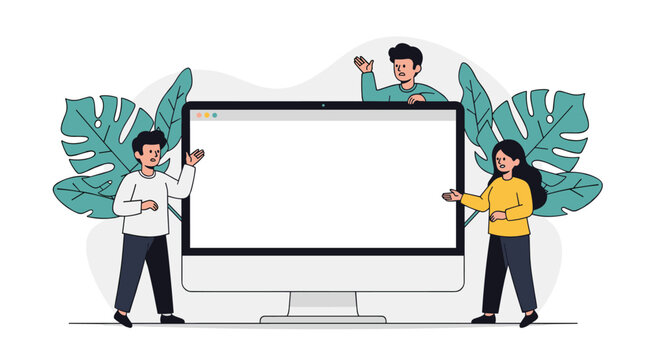 Three young professionals stand around a large blank computer monitor with tropical leaves to present a digital mockup for web design projects.