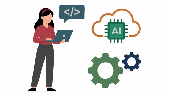 AI Development Concept: Woman Coding with Laptop, Cloud, Chip, and Gears