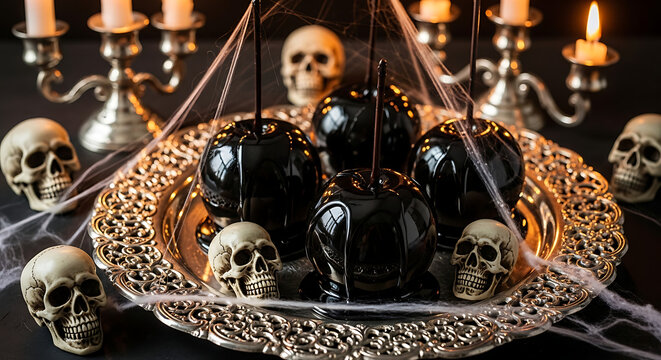 Eerie Halloween setting featuring gourmet black caramel apple dripping on ornate silver platter with glowing candles skulls and silk cobwebs creating spooky atmosphere for gothic party decor.
